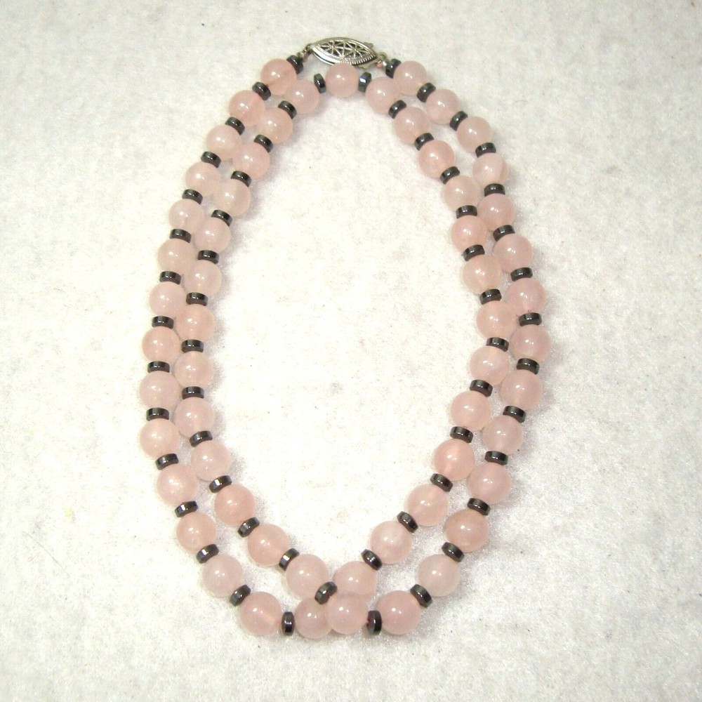 24" 8mm Round Rose Quartz & Hematite Rondelle Necklace
